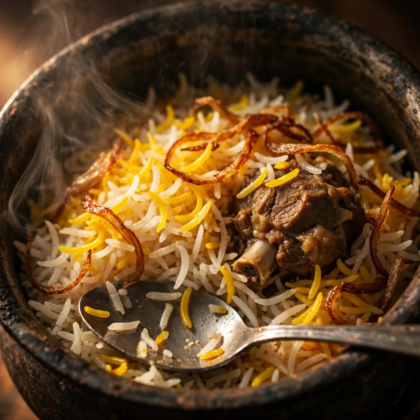 Inside the handi — layers of saffron rice and mutton, spoon resting in the biryani