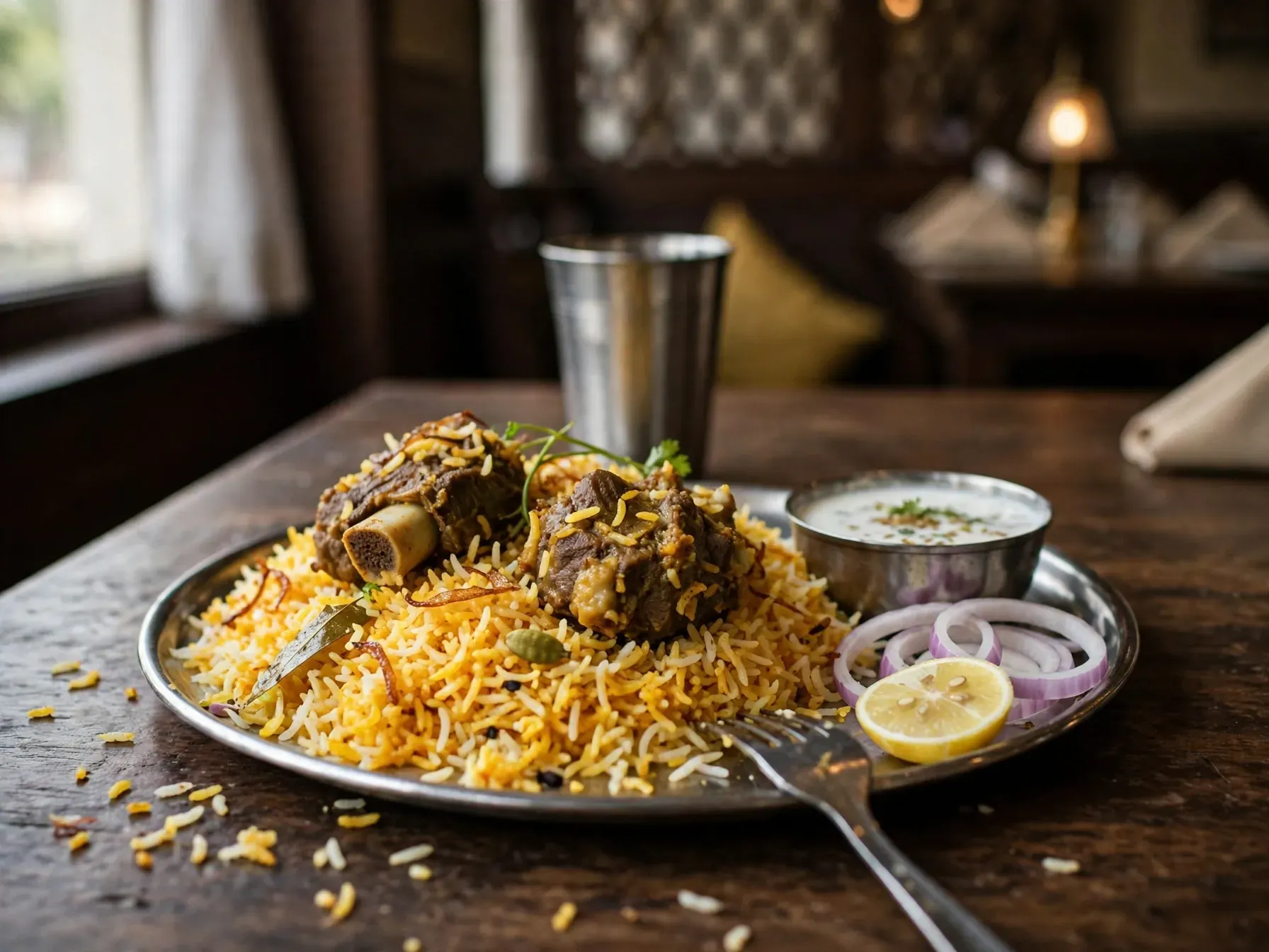 A plated serving of mutton dum biryani with raita, onion and lemon