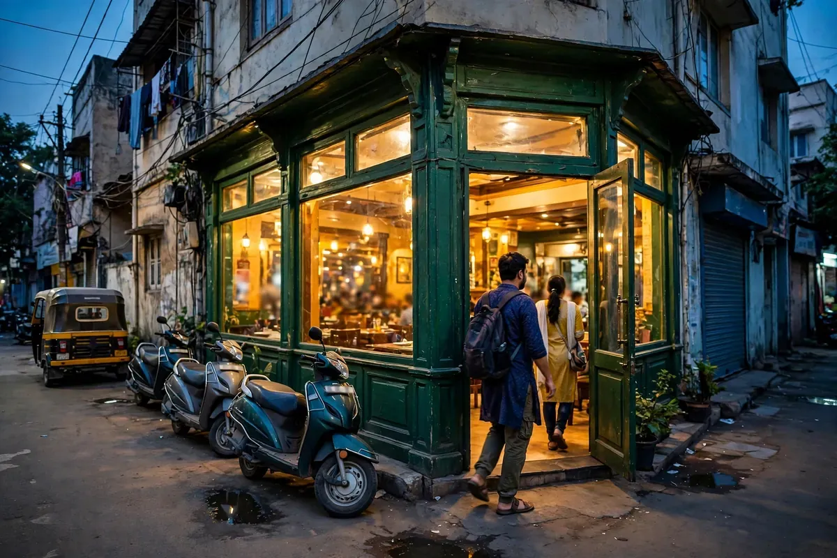 Grand Darbar's green-fronted dining room glowing at dusk, scooters outside