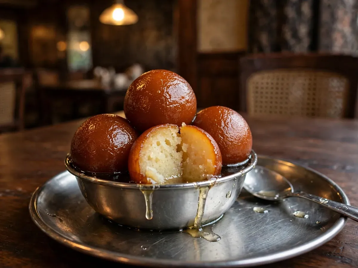 Gulab jamun in a steel bowl, one cut open, syrup dripping