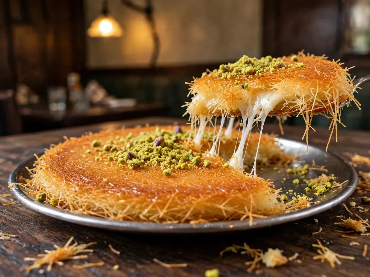 Kunafa on a steel plate, a slice lifted with cheese stretching, pistachio on top