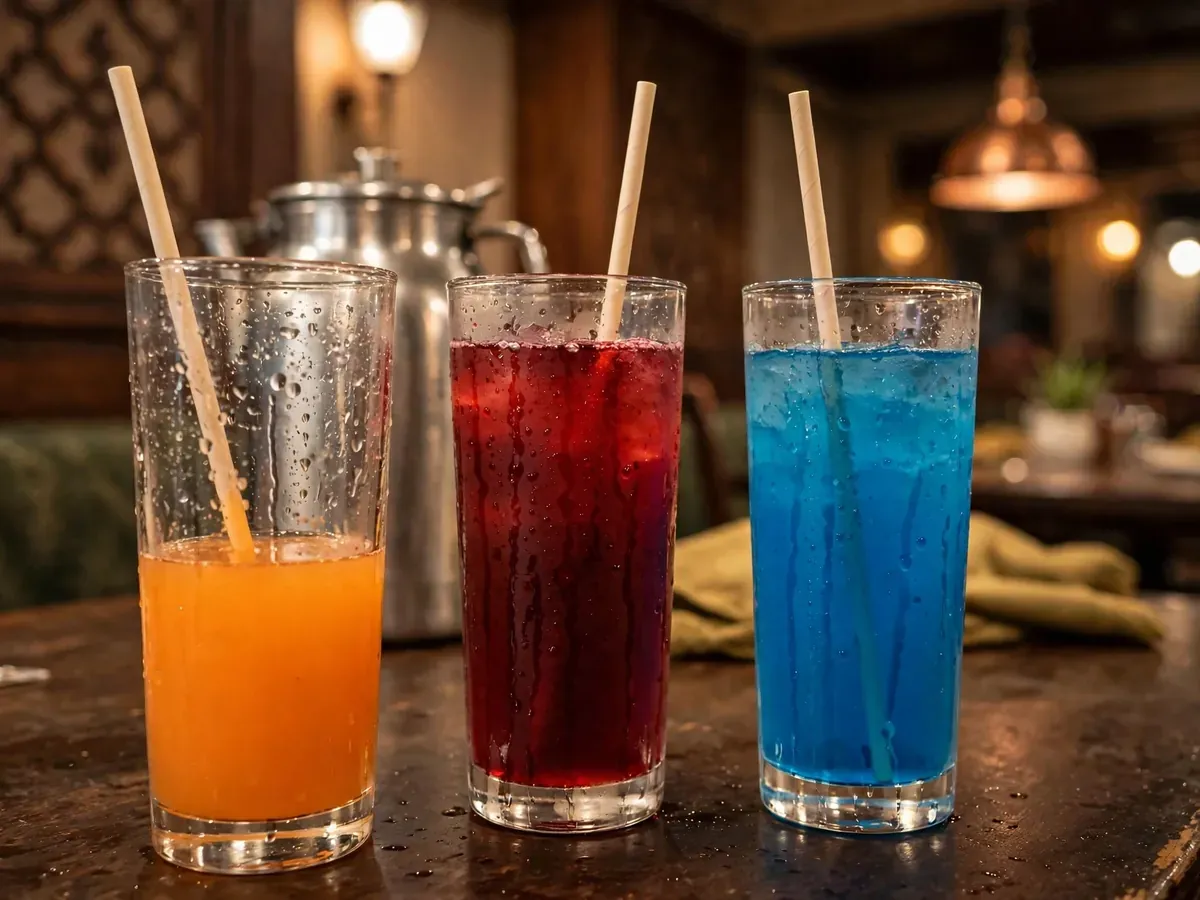 Three mocktail glasses — orange, cranberry red and blue — with condensation