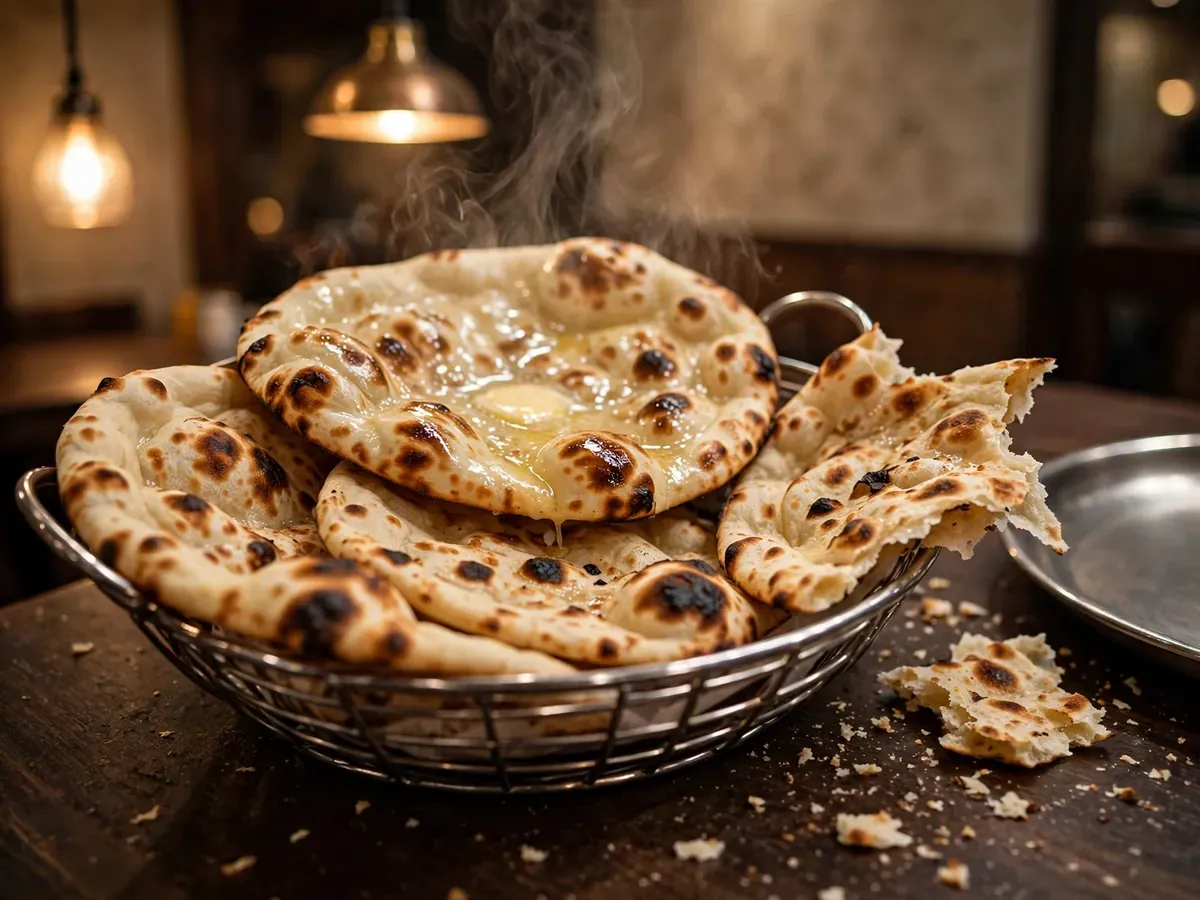 A basket of blistered butter naans, still steaming