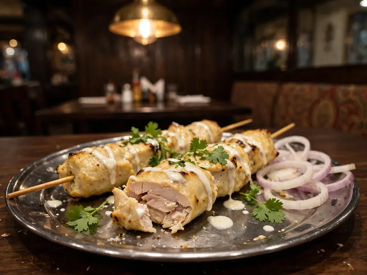 Murg Reshmi kebab skewers on a steel plate, one piece cut open