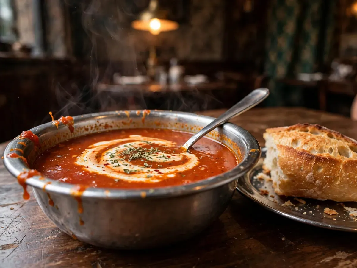 A steel bowl of Turkish soup with a cream swirl and crusty bread
