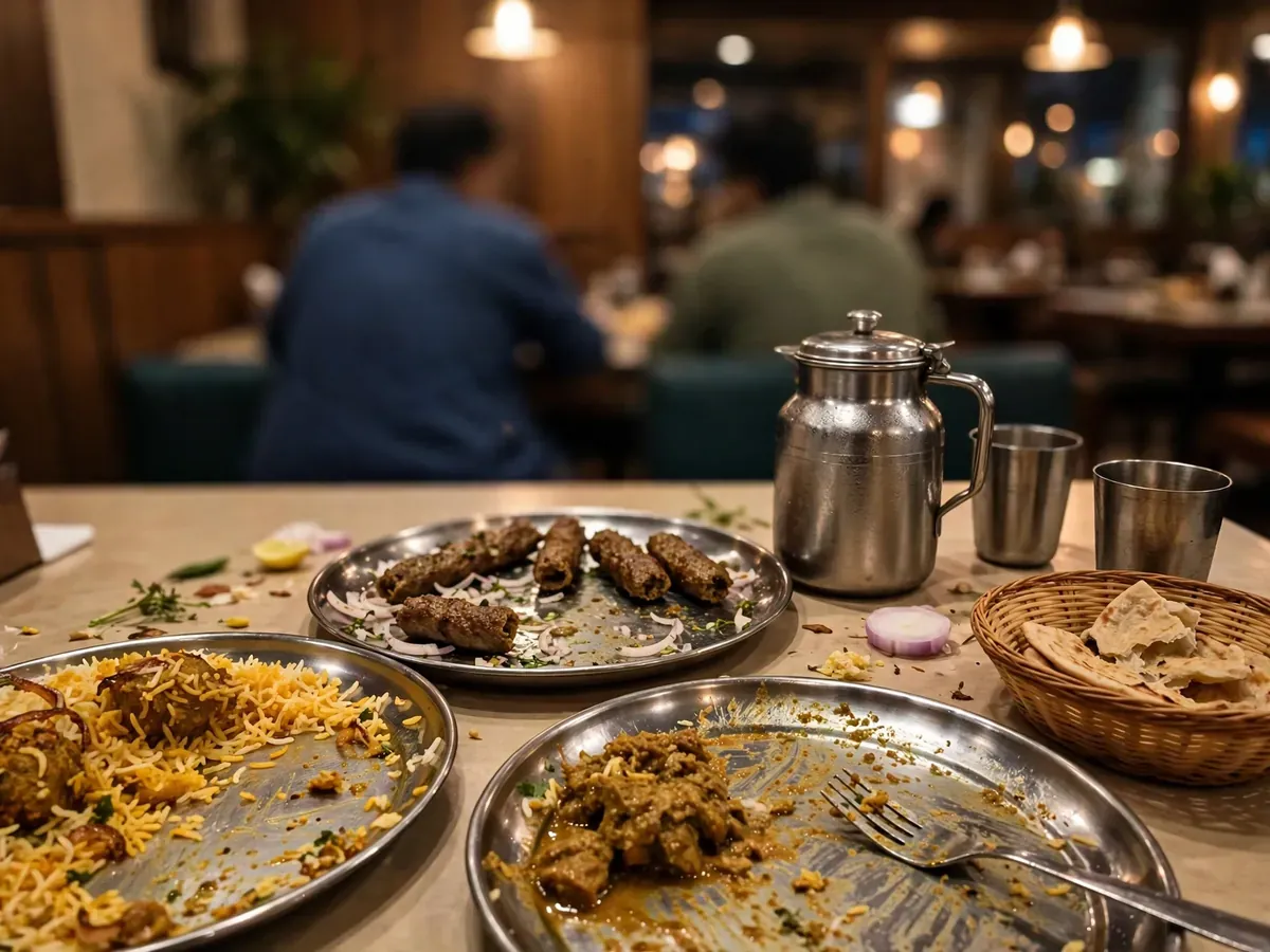 A family table mid-meal — biryani, seekh kebabs, rotis and a steel water jug