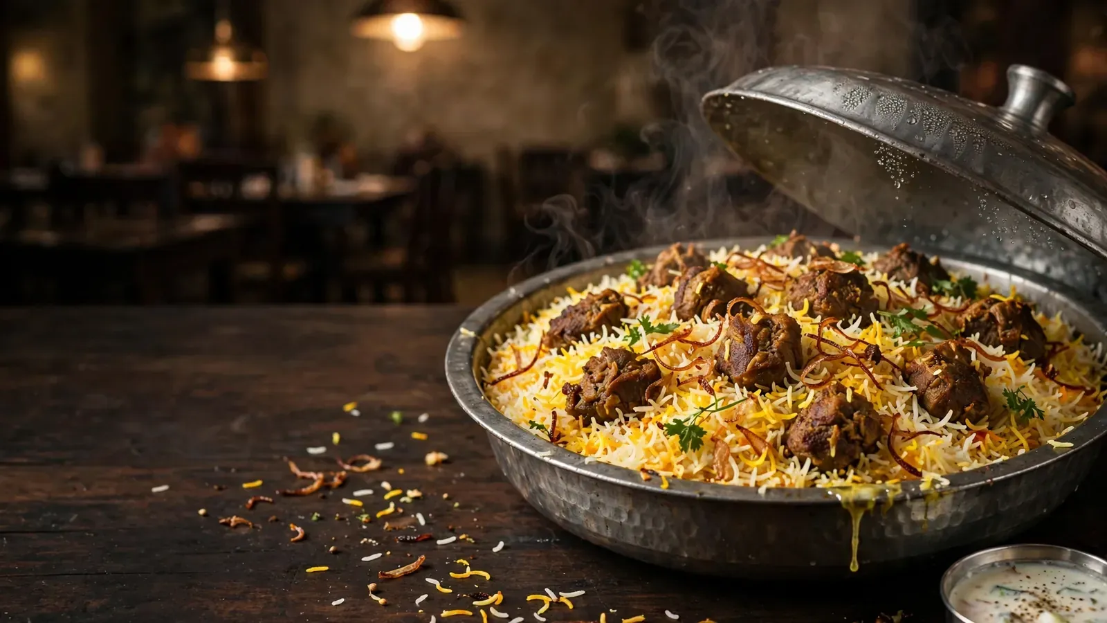 A steel handi of mutton dum biryani, lid lifted, steam rising
