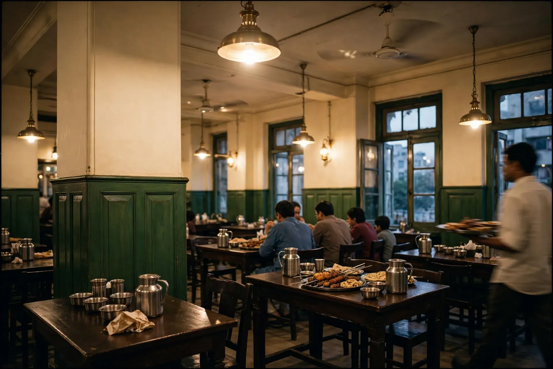 Inside Grand Darbar — green woodwork, brass lamps, families at dinner
