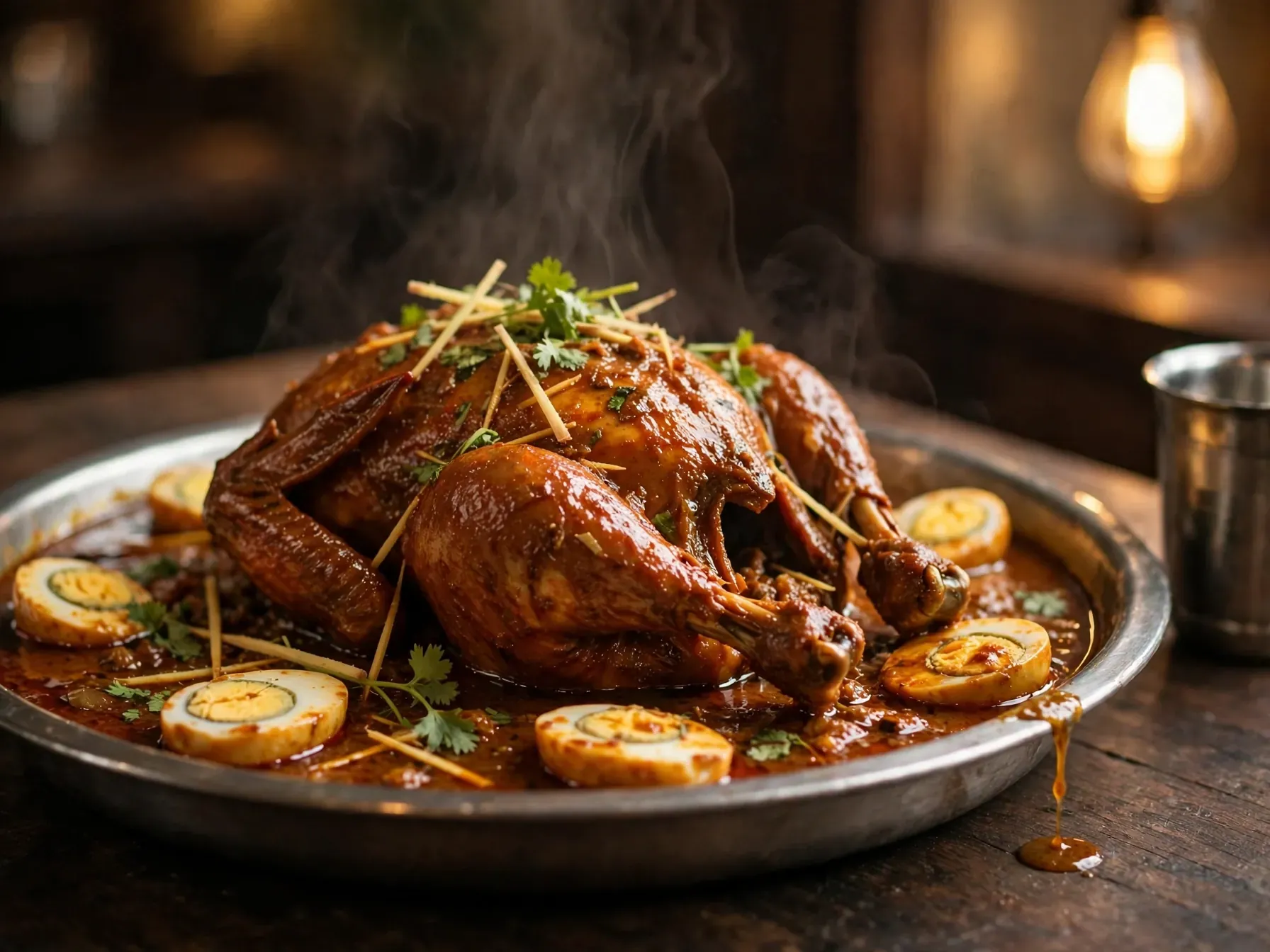 Murg Musallam — a whole chicken in rich gravy with halved eggs