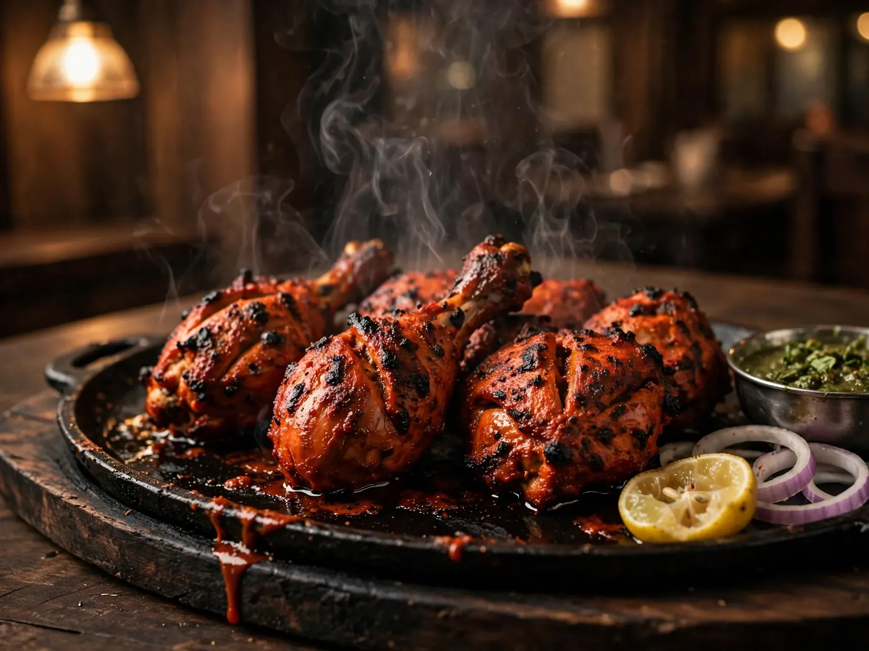 Chicken tandoori on a sizzling iron plate with lemon and mint chutney