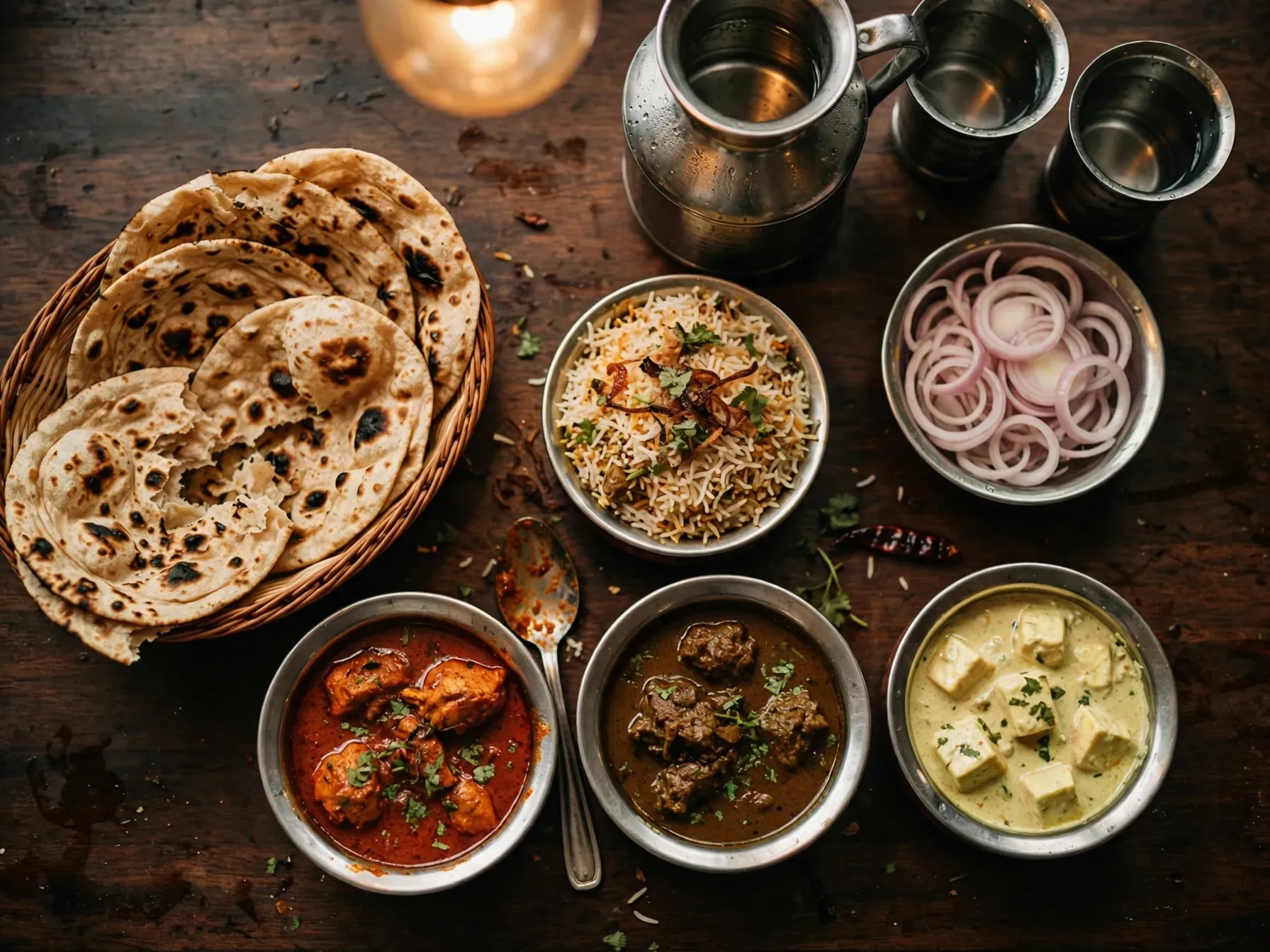 A family spread at Grand Darbar — curries in steel katoris, rotis, biryani and a steel water jug