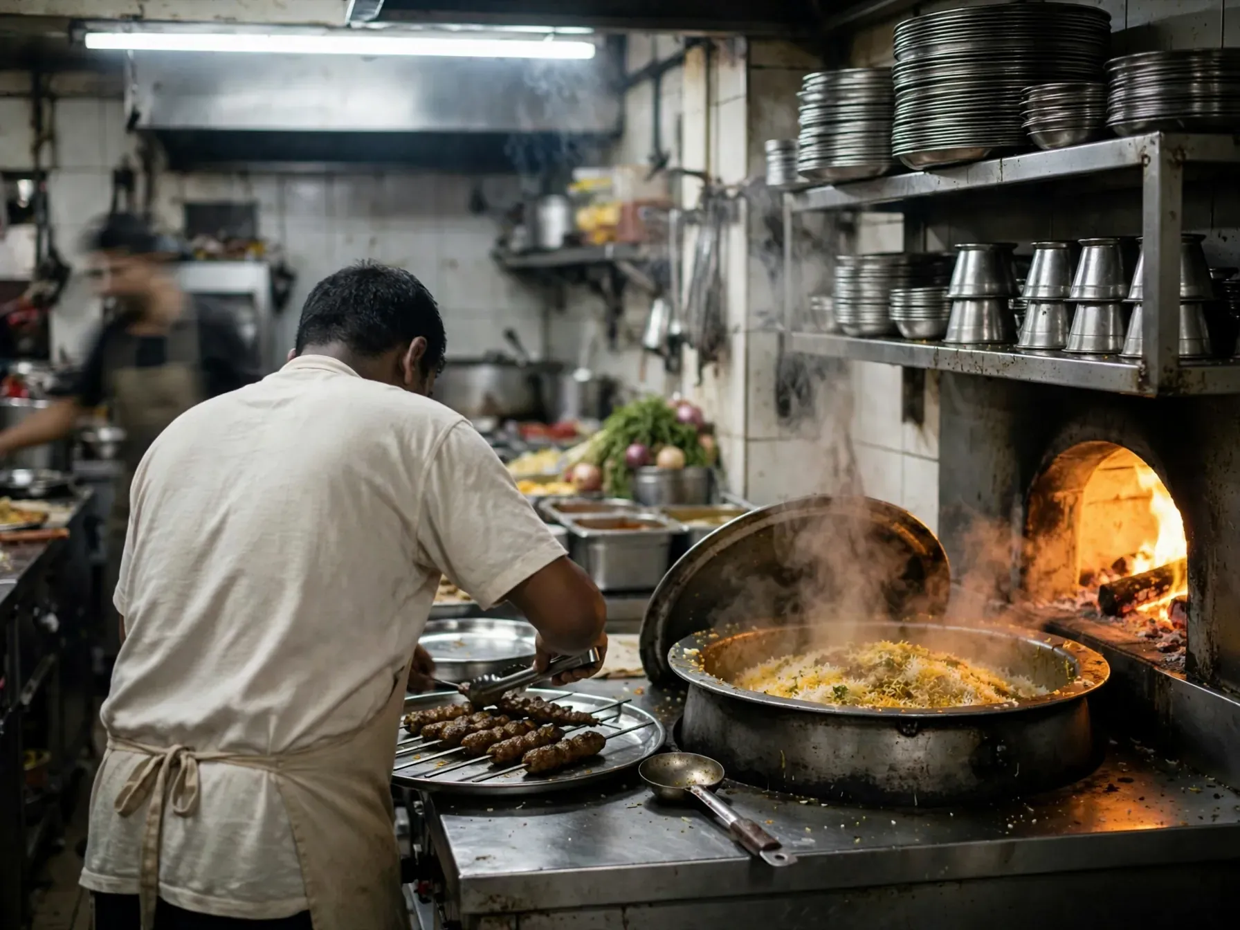 In the Grand Darbar kitchen — kebabs plated at the pass, the biryani deg steaming