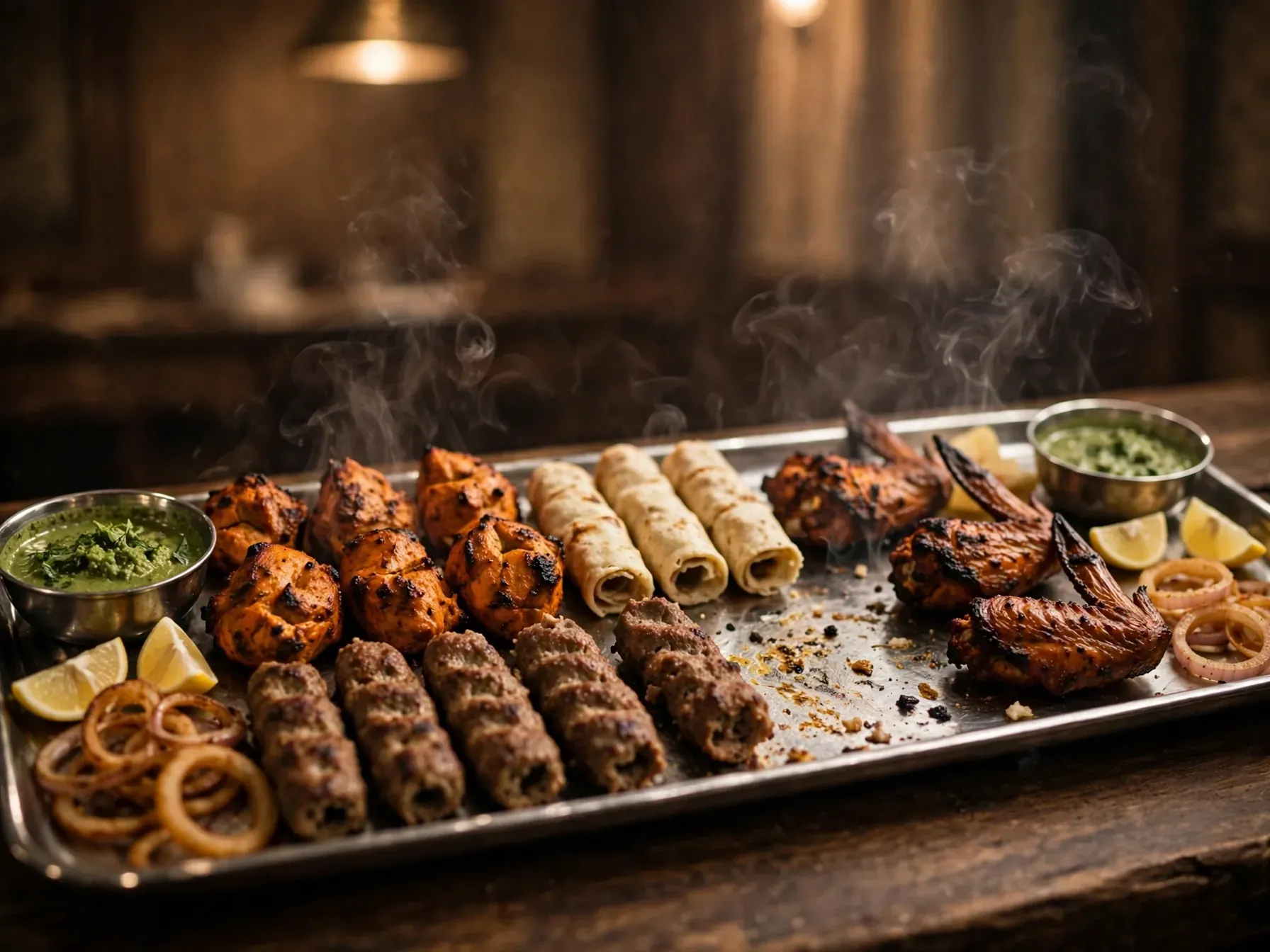 The Mix Platter — tikka, reshmi, seekh and wings on one long steel platter